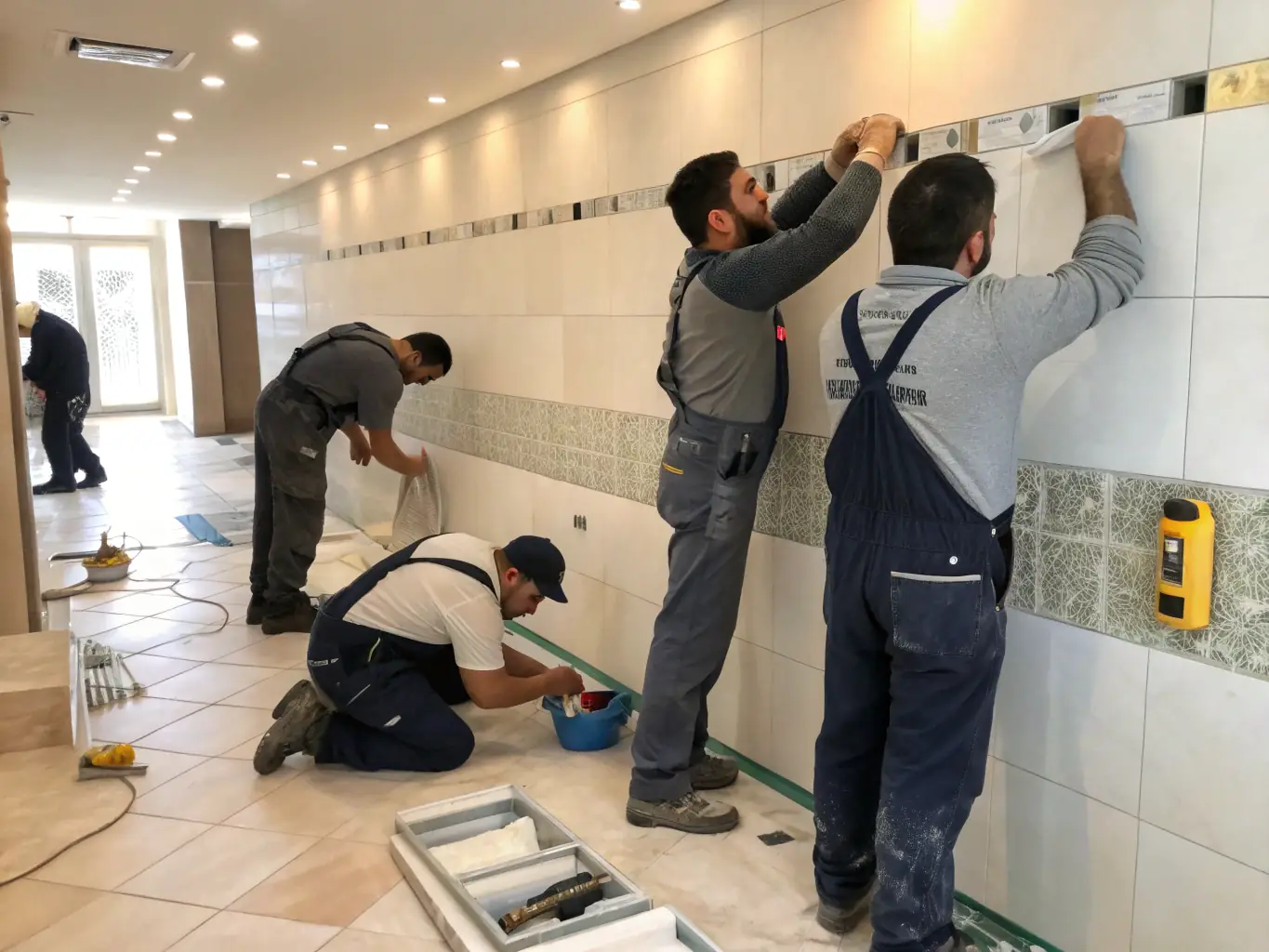 A diverse team of CRS Floor Covering installers collaborating on a commercial flooring project, showcasing their expertise and teamwork.