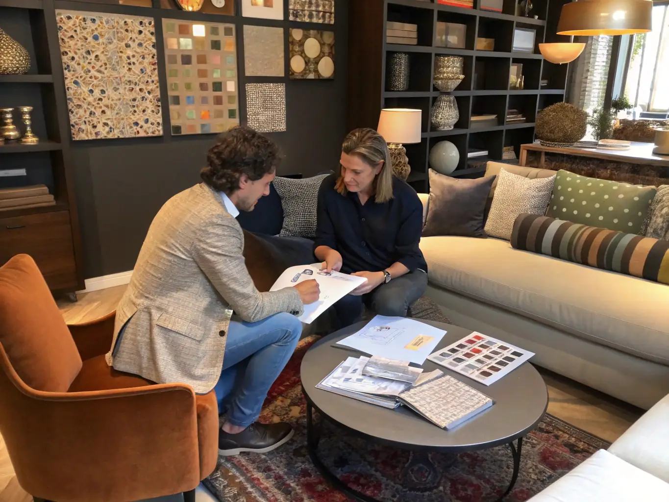 A CRS Floor Covering project manager consulting with a client in a residential setting, discussing interior renovation options and providing expert advice.